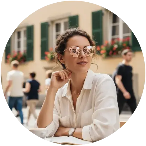 Stilvolle Frau mit roségold verspiegelter Sonnenbrille beim Café-Besuch in der Stadt – perfekt für Alltag und Freizeit