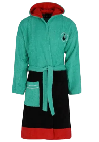 WAVE HAWAII Bademantel Cinco - Türkis Rot Schwarz - 100% Baumwolle Öko-Tex - Damen-Bademantel mit Taschen WAVE HAWAII Bademantel Cinco in Türkis, Rot und Schwarz aus 100% Baumwolle mit roter Kapuze, zwei Seitentaschen und Bindegürtel für Damen